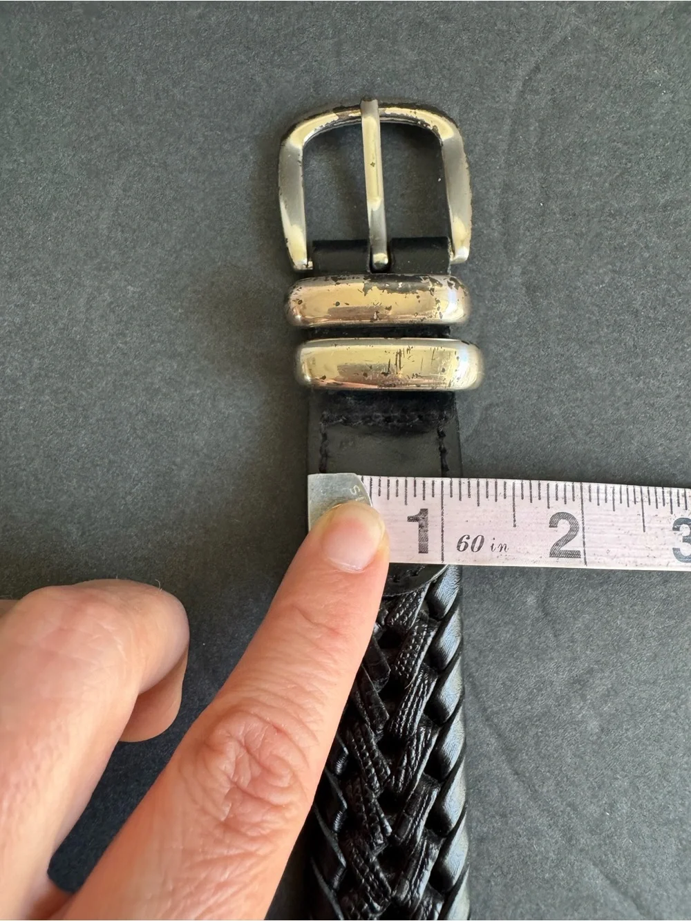 Vintage Black Woven Leather Belt Braided Silver Tone Buckle Unisex Mens 38